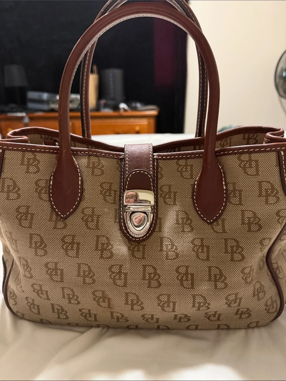 Dooney & Bourke Brown Logo-Print Canvas Tote with Dark Brown Leather Trim